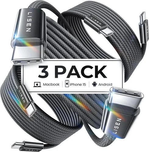Vista 14 de LISEN Cable USB C, paquete de 5 cables USBC a USBC [0.5 pies] para iPhone 17 16e 15 Pro Max, cable de carga rápida de 60 W C a C para Galaxy Negro