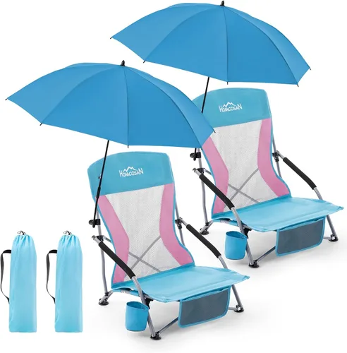 Vista 9 de Homcosan Silla de playa portátil baja plegable con paraguas desmontable, silla de campamento ligera para adultos con portavasos y bolsillo