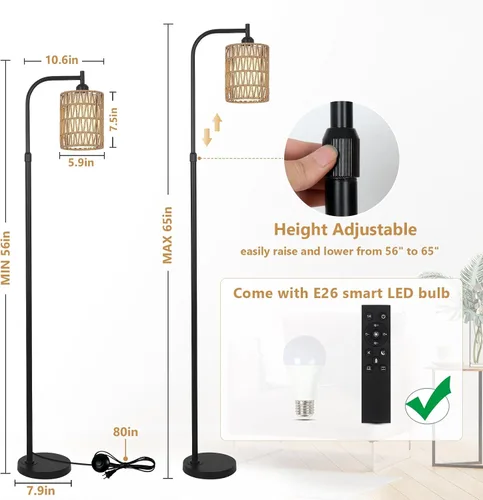 Vista 12 de LAMSU Lámpara de pie con control remoto, lámpara de pie de ratán regulable con bombilla LED, lámpara de poste alto industrial negra con pantallas