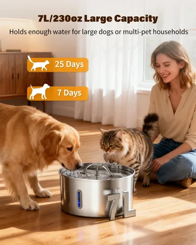 Vista 2 de Fuente de agua para perros grandes, fuente de agua de acero inoxidable de 7 l/236 onzas, dispensador de agua automático para gatos con bomba ultra