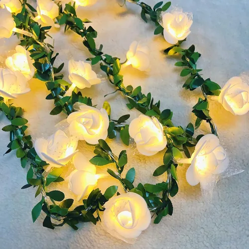 Vista 9 de Guirnalda de luces de encaje de rosas y vides, guirnalda de flores de espuma artificial, luz blanca cálida, funciona con pilas, para el día de San