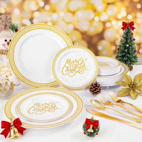 Vista 7 de LIYH 150Pcs Christmas Disposable Plastic Dinnerware Set, White Plates with Gold Line Printed, MERRY CHRISTMAS Pattern, Golden Cutlery, 9oz