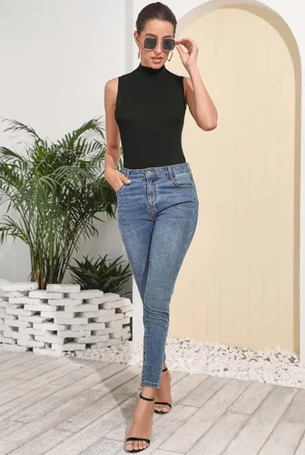 Vista 5 de MANGDIUP Camiseta básica de manga larga con cuello alto falso para mujer, sin mangas, ajustada