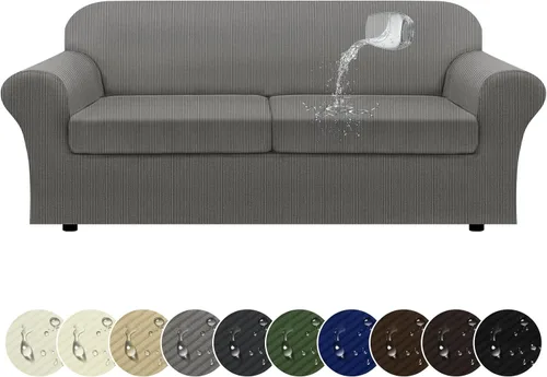 Vista 26 de Funda impermeable para silla con brazos, juego de 2 piezas, funda a rayas para 1 sofá separado con cojín en T, fundas de sillón de tela