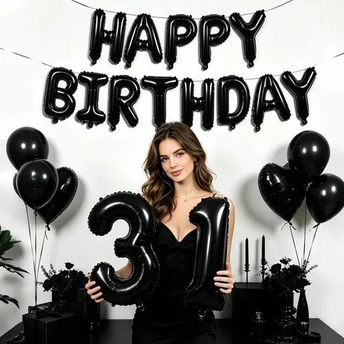 Vista 3 de TONIFUL Juego de globos negros de feliz cumpleaños y números de 16 pulgadas, globos de letras de aluminio metálico con globos de 0 a 9 dígitos