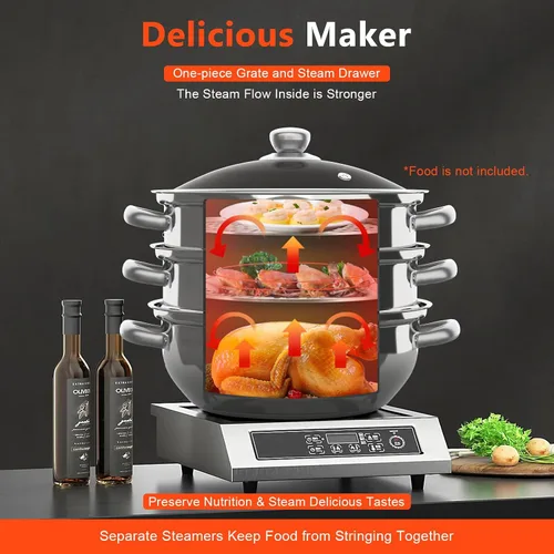 Vista 6 de Ollas de vapor de acero inoxidable de 3 niveles con tapa, vaporizador de alimentos para cocinar verduras, mariscos, sopas, guisos y pasta, albóndigas