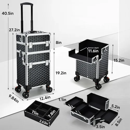 Vista 6 de Estuche de maquillaje profesional rodante, 3 en 1, estuche de cosmetología sobre ruedas, carrito de maquillaje grande para peluquería y peluquería