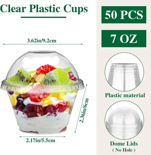 Vista 2 de Juego de 50 vasos de plástico desechables de 7 onzas con tapas, vasos de postre de plástico transparente con tapas de cúpula (sin agujero), tazas