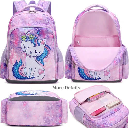 Vista 8 de JIANYA Mochila para niñas y niños, mochilas para libros, lindas y ligeras, *Gato azul claro, Mochila escolar para niña preescolar de jardín