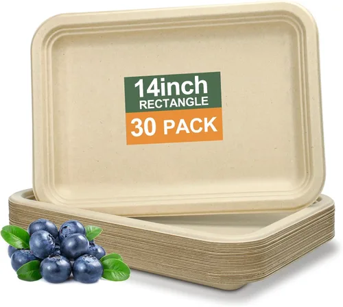 Vista 12 de Paquete de 10 platos de comida, platos de papel rectangulares, aptos para microondas, a prueba de remojos, resistentes a cortes, compostables