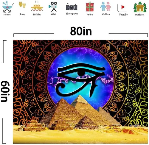 Vista 7 de Aidatain Tapiz de pirámide egipcio ojo de Horus para colgar en la pared, mandala dorado bohemio, franela de mitología antigua, tamaño grande, 80