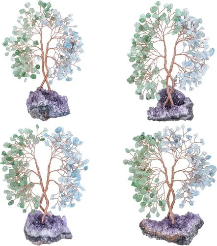Vista 5 de mookaitedecor Árbol de cristal de aventurina verde natural y aguamarina con base de racimo de amatista, árbol del dinero de la vida adorno