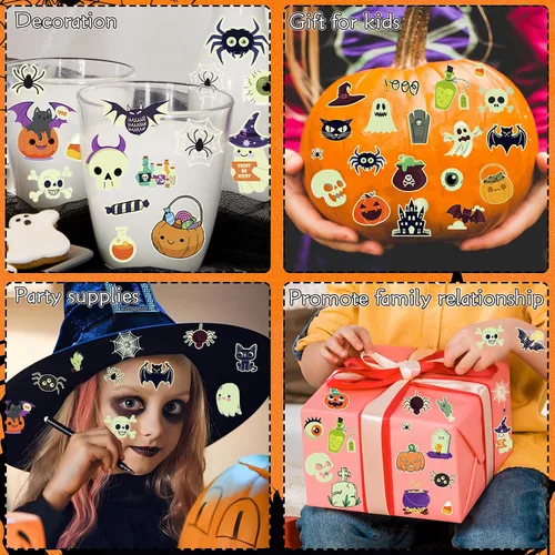 Vista 5 de Ozepao Juego de 10 hojas de calcomanías temporales de tatuaje de Halloween, 88 diseños únicos con calabazas, calaveras, esqueletos, fantasmas