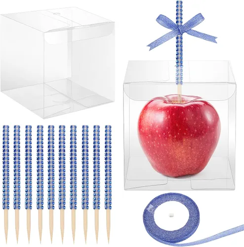 Vista 9 de 10+10 cajas de manzana de caramelo con agujero y palos, 10 palitos de manzana con diamantes de imitación brillantes, 10 cajas con agujero, cinta
