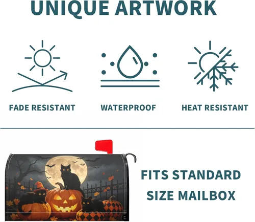 Vista 5 de Halloween Pumpkin Black Cat Mailbox Covers Magnetic Standard Size 18 X 21 Fall Maple leaves Spooky Themed Holiday Decorations Mailbox Wrap Post