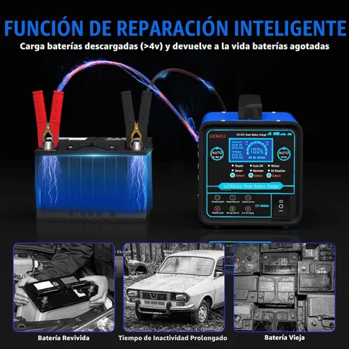 Vista 4 de Cargadores de batería de coche de 12 V/24 V resistentes, mantenedor de batería automático de 15 A con apagado automático, reparación, modo