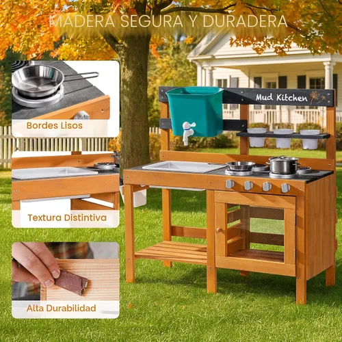 Vista 8 de ROBUD Cocina de Barro para Niños al Aire Libre, Cocina de Juego de Madera al Aire Libre, Cocina de Barro para Niños con Fregadero y Grifo