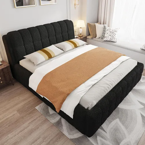 Vista 3 de Elegante base de cama tapizada tamaño California King con cabecero, listones de madera fuertes, base de colchón resistente, no necesita somier, sin