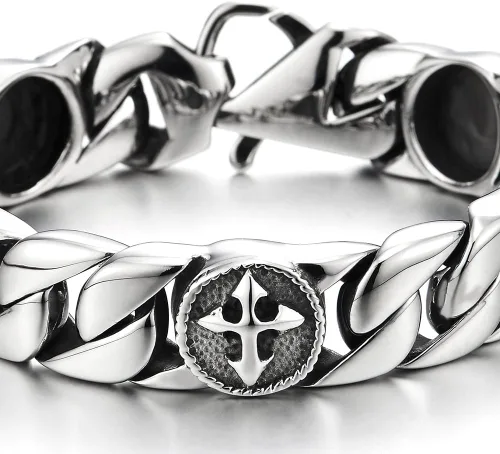 Vista 2 de Pulsera de eslabones de acero inoxidable para hombre con dijes de cruz vintage