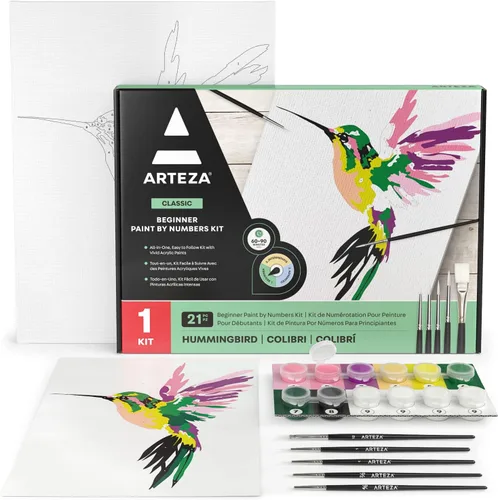Vista 17 de Arteza Pintura por números para adultos, 12 x 16 pulgadas, 21 piezas, kit de pintura de barco por números, viene con 1 panel de lienzo, 12 macetas