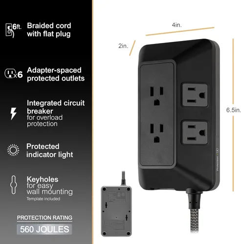 Vista 3 de GE Protector SurGE de 6 tomas, tira de alimentación trenzada de 6 pies, enchufe plano, adaptador espaciado, extensor de salida múltiple