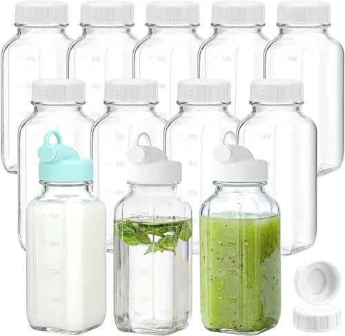 Vista 12 de CUCUMI 5 botellas de jugo de vidrio de 16 onzas con tapas, recipientes reutilizables para jugo, tarros de agua con cepillo, popotes de vidrio, tapas