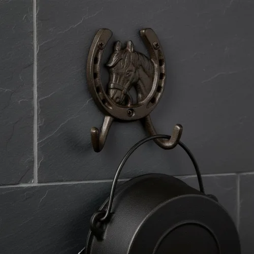 Vista 7 de Comfy Hour Gancho de pared de herradura de hierro fundido resistente de 5 pulgadas, soporte decorativo de doble llave para pared, gancho rústico