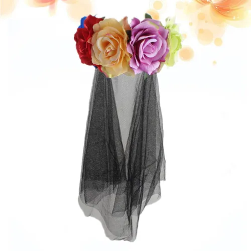 Vista 5 de Velo floral rosa rosa corona velo de Halloween velo negro novias tiara negra Halloween Cosplay accesorios diadema mexicana Día de los Muertos