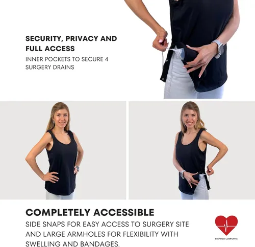 Vista 2 de Inspired Comforts Camiseta sin mangas de recuperación de mastectomía poscirugía con bolsillo de drenaje y acceso a presión