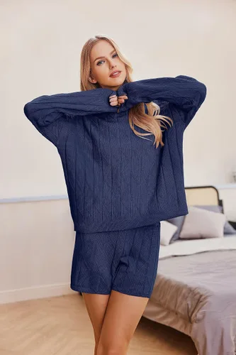 Vista 2 de Ekouaer Conjunto de 2 piezas de suéter de manga larga y pantalones cortos para mujer