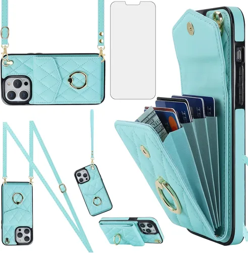 Vista 8 de Asuwish Funda de teléfono para iPhone 14 Pro de 6.1 pulgadas con protector de pantalla de vidrio templado, correa de muñeca, anillo de bloqueo RFID