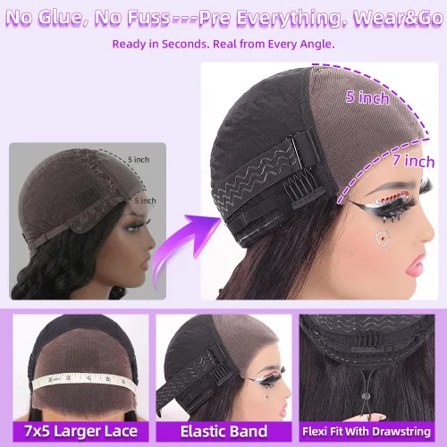 Vista 3 de Peluca de cabello humano sin pegamento con cordón para usar y llevar, precortada, densidad del 180%, 5x5, HD, transparente, encaje frontal, pelucas