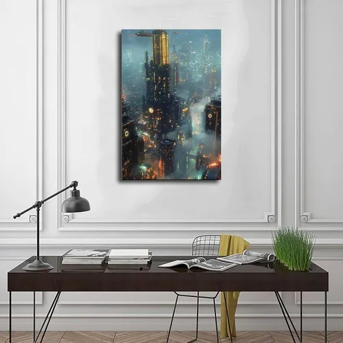 Vista 3 de Retro Futurism Cityscape Print – Neon Sci-Fi Wall Decor – Cyber Steampunk Poster for Gamers & Collectors Canvas Poster Wall Art Decor Print Picture