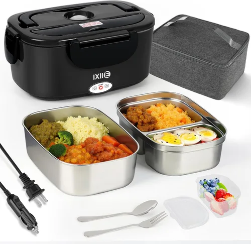 Vista 9 de IXIIE Fiambrera eléctrica de 80 W para adultos, calentador de almuerzo de 1.5 L con 2 compartimentos para camiones/coches/trabajo, lonchera térmica