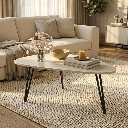 Vista 11 de Manora Mesa de Café Moderna y Simple de Madera con Patas de Metal Negro, Mesa de Té Ovalada para Sala de Estar u Oficina, Mesa Central Compacta