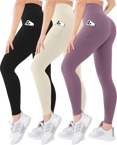 Vista 35 de Blisset - Paquete de 3 leggings de cintura alta para mujer con bolsillos, pantalones suaves y activos para control de abdomen, ideales para yoga