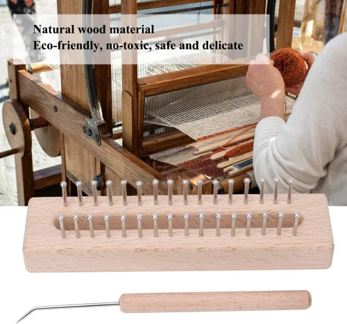 Vista 2 de Máquina de tejer rectangular de madera, telar de tejido a mano de madera natural con agujas de gancho curvadas de metal para bufandas, chales