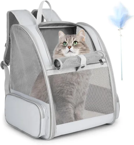 Vista 9 de Mochila transportadora para gatos, mochila grande para mascotas con varita de gatito, juguete de plumas para perros medianos y pequeños, gatos