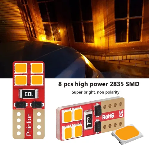 Vista 2 de PHINLION 12V T10 168 194 Bombillas LED amarillas ámbar, súper brillantes, miniatura 2835 8-SMD, cuña 12961 12396 para luces interiores de coche
