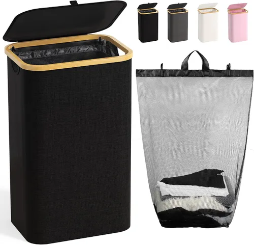 Vista 8 de Cesta de lavandería con tapa, cesta para ropa sucia de 160L, cesta de lavandería de 3 secciones, clasificador extra grande de 3 compartimentos