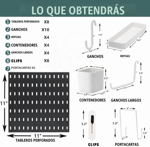 Vista 3 de Paquete de 8 Paneles de Tablero Perforado de Plástico de 22"x44" Tableros Organizadores Modulares Duraderos para Almacenamiento en Pared, Garaje
