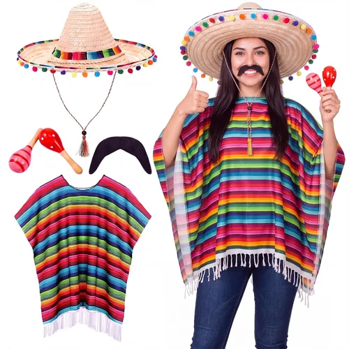 Vista 8 de Unittype 6 Pcs Mexican Costume Set Men Women Sombrero Hat