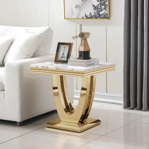 Vista 21 de SSLine Mesa de Centro Rectangular de Mármol Sintético para Sala de Estar, Mesa Central Moderna de Mármol Blanco de Lujo con Base Doble en Forma de U