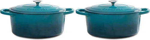 Vista 7 de Crock Pot Artisan - Cacerola redonda de hierro fundido esmaltado estilo horno holandés de 6 cuartos de galón, con tapa - Rojo degradado Rojo