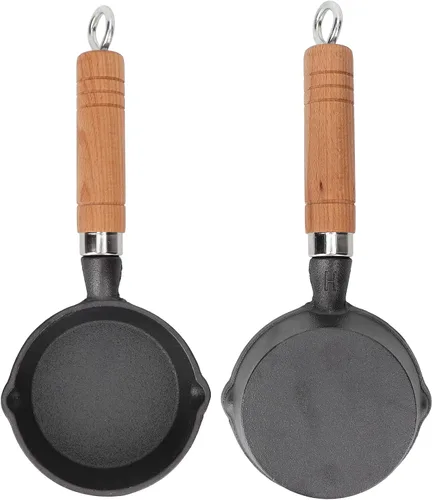 Vista 6 de Fdit Sartén, sartén de hierro fundido de 3.9 in con mango de madera, sartén para huevos, mini sartén para panqueques de fondo plano, utensilios