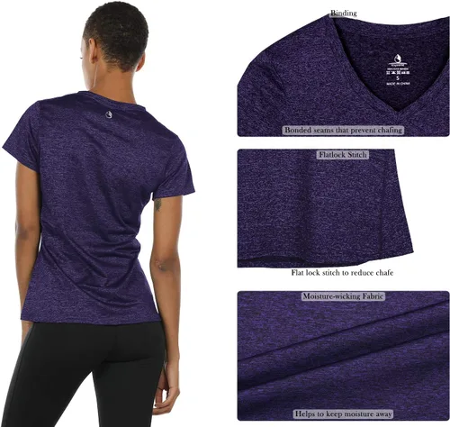 Vista 3 de Icyzone - Camisetas deportivas de cuello en V y manga corta para mujer, ropa de entrenamiento para yoga, correr, acondicionamiento físico y deportes