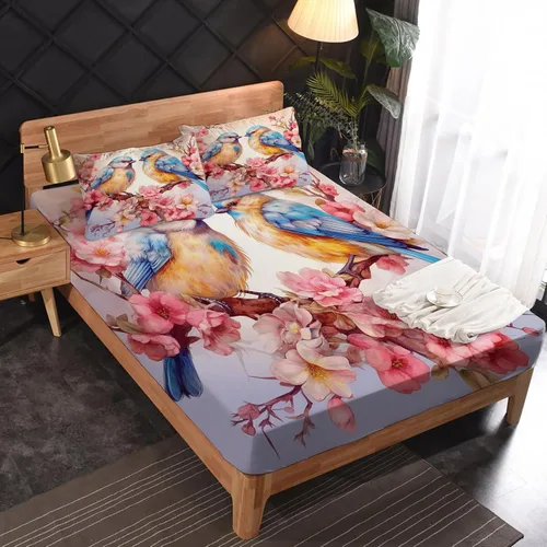 Vista 2 de Juego de sábanas tamaño individual – Juego de sábanas con estampado floral de pájaros, sábanas y fundas de almohada, microfibra suave y bolsillo