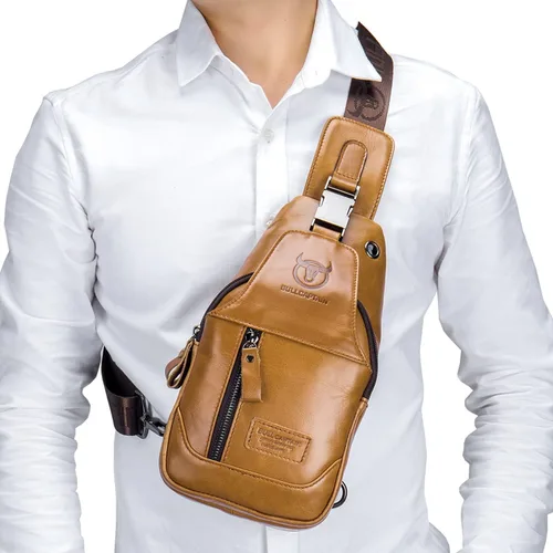 Vista 2 de Hebetag Bolso bandolera de cuero casual para hombres y mujeres, para viajes al aire libre, senderismo, campamento, hombro, pecho