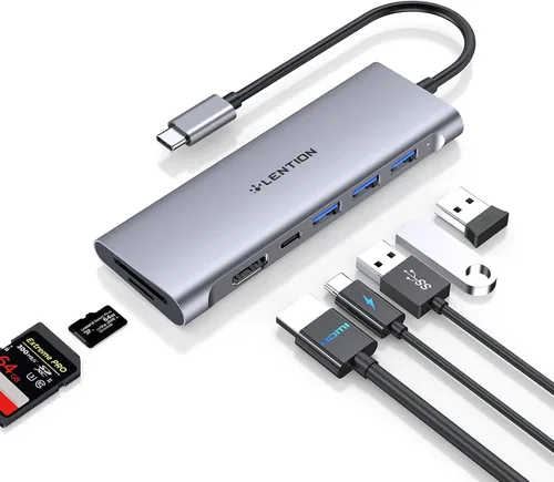 Vista 9 de LENTION Hub multipuerto USB C 7 en 1 con HDMI 4K, 100 W PD, 3 puertos USB 3.0, lector de tarjetas SD/MicroSD compatible con MacBook Pro/Air/Neo Oro