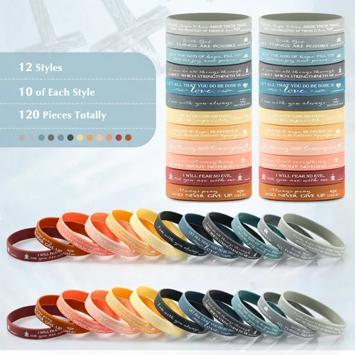 Vista 3 de 120 pulseras cristianas de silicona a granel, 12 estilos Colores brillantes